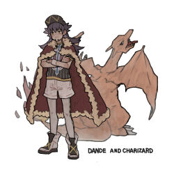 1boy absurdres boots cape champion_uniform character_name charizard closed_mouth commentary_request crossed_arms facial_hair fur-trimmed_cape fur_trim gen_1_pokemon hat highres ichi_kawa_ichi leggings leon_(pokemon) long_hair male_focus nintendo pokemon pokemon_(creature) pokemon_swsh red_cape shirt shorts simple_background standing white_background wristband