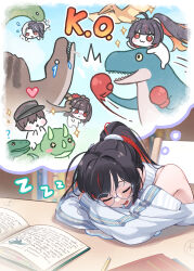 1boy 3girls aeon_ion arms_on_table black_hair black_hat boxing_gloves closed_eyes clothing_cutout commander_(nikke) crossed_arms dinosaur doro_(nikke) dreaming drooling gloves goddess_of_victory:_nikke hair_intakes hat head_rest heart high_ponytail highres indoors k.o. moran_(nikke) moran_(off-duty_queen)_(nikke) multicolored_hair multiple_girls official_alternate_costume official_alternate_hairstyle on_chair open_mouth peaked_cap ponytail pterosaur punching red_gloves red_hair rosanna_(nikke) round_eyewear sakura_(nikke) shoulder_cutout sitting sleeve_zipper sparkle speech_bubble streaked_hair sweater thought_bubble triceratops turtleneck tyrannosaurus_rex underworld_queen_(nikke) white_sweater zzz