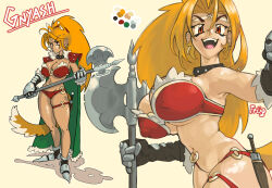 1girl absurdres animal_ears armor axe barbarian battle_axe bikini bikini_armor blonde_hair breasts brown_eyes cat_ears cat_girl cat_tail character_name collar covered_erect_nipples earrings fantasy full_body gnyash highres holding holding_axe jewelry large_breasts long_hair multiple_views original pxlfrug red_bikini shoulder_armor solo swimsuit tail thigh_strap thighs weapon