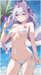 1girl absurdres beach bikini black_tiara blue_sky bracelet breasts castorice_(honkai:_star_rail) commentary_request doromii flower hair_flower hair_ornament highres honkai:_star_rail honkai_(series) jewelry long_hair looking_at_viewer medium_breasts navel ocean palm_tree parted_lips pointy_ears purple_eyes side-tie_bikini_bottom sky solo stomach swimsuit thigh_strap thighs tiara tree wet white_bikini