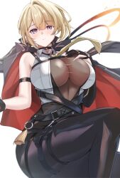 1girl arm_strap black_pants breasts chest_harness commentary_request elbow_gloves evelyn_chevalier gloves hair_up half_gloves harness high-waist_pants highres jacket jacket_on_shoulders korean_commentary necktie pants single_elbow_glove single_half_glove solo tight_clothes tight_pants yahan_(mctr5253) yellow_necktie zenless_zone_zero