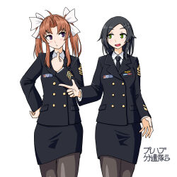 absurdres alternate_costume artist_logo artist_name badge black_hair black_jacket black_pantyhose black_skirt brown_hair buttons commentary_request cowboy_shot double-breasted green_eyes hair_ribbon highres jacket kagerou_(kancolle) kagerou_kai_ni_(kancolle) kantai_collection kuroshio_(kancolle) logo long_hair long_sleeves military_uniform pantyhose pencil_skirt purple_eyes ribbon samusara short_hair skirt twintails white_ribbon