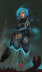 Rule 34 | 1girl, 1other, artist request, ass, blue eyes, blue hair, bodysuit, bracelet, breasts, corpse, cuts, deep skin, digital dissolve, fingerless gloves, from behind, gloves, glowing, glowing hair, grabbing own ass, gun, hand on own ass, highres, holding, holding gun, holding weapon, injury, jewelry, lips, looking at viewer, looking back, medium breasts, neon trim, nose, nyx (quake), presenting, quake (series), quake 1, quake champions, short hair, skin tight, smoke, smoking barrel, solo focus, source request, spread ass, swept bangs, torn bodysuit, torn clothes, transparent, weapon
