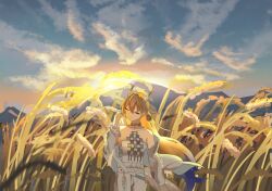 1girl arknights bare_shoulders bead_necklace beads blonde_hair breasts brooch closed_eyes closed_mouth cloud cloudy_sky collarbone dragon_girl dragon_horns eastern_dragon_horns fudo343 hair_between_eyes hair_ornament horns jewelry long_hair long_sleeves medium_breasts necklace pointy_ears rice_paddy shirt shu_(arknights) sky smile solo strapless strapless_shirt tube_top white_tube_top
