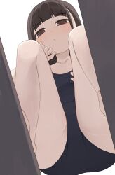 1girl barefoot black_one-piece_swimsuit black_school_swimsuit blunt_bangs brown_eyes brown_hair collarbone from_below highres hiroki_(yyqw7151) long_hair one-piece_swimsuit original school_swimsuit simple_background solo squatting swimsuit thighs white_background