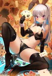 3girls animal_ears arm_support ass bare_shoulders black_footwear black_gloves black_legwear black_panties bow bowtie bra breasts card cleavage closed_mouth colored_inner_hair crop_top detached_collar dutch_angle elbow_gloves fake_animal_ears frown gloves greentanuki hairband high_heels highres holding knee_up large_breasts latex latex_gloves long_hair looking_at_viewer midriff multicolored_hair multiple_girls navel no_bra original panties pink_eyes playing_card poker_chip poker_table rabbit_ears revealing_clothes satin satin_bra satin_panties shiny_clothes silver_hair sitting skindentation sleeveless solo_focus spaghetti_strap spread_legs stomach table tearing_up thighhighs thighs underwear wavy_mouth wrist_cuffs