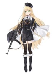 Rule 34 | 1girl, absurdres, assault rifle, black thighhighs, blonde hair, boots, coat, commission, commissioner upload, full body, girls&#039; frontline, gloves, green eyes, gun, hat, highres, holding, holding weapon, kandly, knee boots, long hair, looking at viewer, medal, military coat, military hat, military uniform, necktie, non-web source, rifle, simple background, solo, stg44, stg44 (girls&#039; frontline), stg44 (mod3) (girls&#039; frontline), thighhighs, transparent background, vgen commission, weapon, white gloves