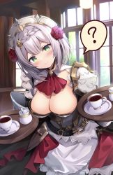 1girl ? apron armor armored_dress ascot belt blush braid braided_bangs breasts buckle cleavage closed_mouth cup dress eyelashes flower food frilled_apron frills gauntlets genshin_impact green_eyes grey_hair hair_flower hair_ornament head_tilt headpiece highres hyurasan large_breasts long_sleeves looking_at_viewer maid maid_headdress noelle_(genshin_impact) pancake pauldrons plate pot red_ascot red_flower red_rose rose saucer short_hair shoulder_armor sidelocks smile solo spoken_question_mark spoon standing teacup tray waist_apron white_apron white_dress window
