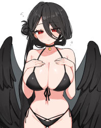 Rule 34 | 1girl, bikini, black bikini, black choker, black hair, black wings, blue archive, blush, choker, collarbone, cowboy shot, feathered wings, flying sweatdrops, front-tie bikini top, front-tie top, groin, hair between eyes, hair bun, halterneck, hands on own chest, hasumi (blue archive), highleg, highleg bikini, highres, long hair, long hair between eyes, looking at viewer, mui (tqxg4), navel, official alternate costume, side-tie bikini bottom, simple background, single side bun, smile, solo, stomach, string bikini, swimsuit, very long hair, white background, wings