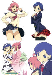2girls :p absurdres ahoge animal_print blush_stickers cow_print detached_sleeves drawing_on_another&#039;s_face hair_ornament hairclip highres japanese_clothes kimono koutaro multiple_girls one_eye_closed panties school_uniform thighhighs tongue tongue_out underwear v wink zettai_ryouiki