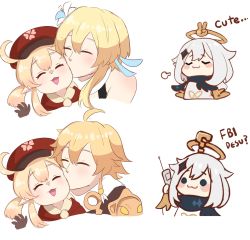 Rule 34 | 1boy, 3girls, ^ ^, ^o^, aether (genshin impact), ahoge, blonde hair, blush stickers, newsboy cap, calling, chibi, closed eyes, commentary, earrings, english commentary, english text, flower, genshin impact, hair between eyes, hair flower, hair ornament, halo, hat, highres, holding, holding phone, jewelry, julydelic, kiss, kissing cheek, klee (genshin impact), long hair, long sleeves, low twintails, lumine (genshin impact), mechanical halo, multiple girls, paimon (genshin impact), phone, pointy ears, short hair, sidelocks, sketch, talking on phone, twintails, white hair