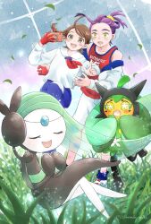 Rule 34 | 1boy, 1girl, :d, ahoge, blue pants, brown eyes, brown hair, collared shirt, commentary request, eyelashes, falling leaves, floating hair, gen 4 pokemon, gen 5 pokemon, gloves, grass, highres, holding, holding phone, jacket, juliana (pokemon), kieran (pokemon), leaf, legendary pokemon, meloetta, mythical pokemon, nintendo, off shoulder, ogerpon, open mouth, pants, phone, pokemon, pokemon (creature), pokemon sv, purple hair, red gloves, red shirt, rotom, rotom phone, sakanashiworks, shirt, shorts, single glove, sleeveless, sleeveless shirt, smile, white jacket, white shirt, white shorts