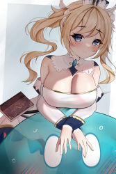 1girl absurdres alternate_breast_size barbara_(genshin_impact) bird blonde_hair blue_eyes breasts closed_mouth cross detached_sleeves dress drill_hair duck genshin_impact hair_ornament hat highres knosdeba large_breasts latin_cross long_hair looking_at_viewer pantyhose sailor_hat solo twintails white_dress white_hat white_pantyhose