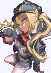 1girl absurdres black_jacket brass_knuckles combat_helmet crop_top facing_to_the_side from_above helmet highres jacket looking_at_viewer luciana_de_montefio midriff navel pickelhaube red_eyes short_shorts shorts side_ponytail solo strapless thighs tora_(kumo_sakamoto) tube_top weapon white_background zenless_zone_zero