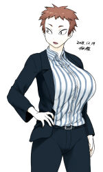 1girl belt black_eyes buttons collared_shirt cowboy_shot dated facing_viewer forehead formal_clothes jacket lower_teeth_only open_mouth original pants sharp_teeth shirt short_hair signature simple_background standing striped_clothes striped_shirt suit suit_jacket teeth tongue tsukudani_(coke-buta) vertical-striped_clothes vertical-striped_shirt very_short_hair white_background