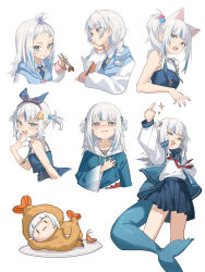 1girl :d :t absurdres alternate_hairstyle animal_ears bangs_pinned_back blue_eyes blue_hair blue_hoodie blue_necktie blue_tail cat_ears chibi chopsticks commentary cropped_legs cropped_torso crying crying_with_eyes_open eating ebi-chan_(gawr_gura) fins fish_tail gawr_gura gawr_gura_(1st_costume) gawr_gura_(casual) hand_up highres holding holding_chopsticks holding_with_chopsticks hololive hololive_english hood hoodie long_hair long_sleeves looking_at_viewer middle_finger midori_fufu miniskirt multicolored_hair multiple_views necktie official_alternate_costume official_alternate_hairstyle open_mouth plate shark_girl shark_tail sharp_teeth short_sleeves side_ponytail simple_background skirt smile streaked_hair tail tears teeth upper_teeth_only virtual_youtuber white_background white_hair