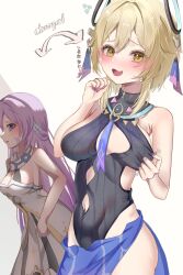 2girls bare_shoulders black_leotard blonde_hair blue_eyes blush breasts chuuna_(unagiunazy) citlali_(genshin_impact) citlali_(genshin_impact)_(cosplay) clothing_cutout commentary_request cosplay costume_switch dress fingernails floating_headgear genshin_impact hair_between_eyes headgear highres leotard leotard_pull long_hair looking_at_viewer lumine_(genshin_impact) lumine_(genshin_impact)_(cosplay) medium_breasts multiple_girls nail_polish navel navel_cutout open_mouth parted_lips pink_hair pink_pupils purple_nails short_hair_with_long_locks simple_background sleeveless sleeveless_dress sleeveless_turtleneck_leotard translation_request very_long_hair white_background white_dress