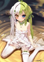 1girl absurdres areola_slip blue_eyes blush breasts dress green_hair hair_ornament heterochromia highres long_hair multicolored_hair original sakutaishi sitting small_breasts solo thighhighs twintails two-tone_hair wariza white_dress white_hair white_thighhighs
