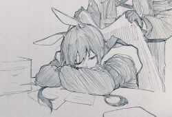 1girl 1other amiya_(arknights) animal_ear_fluff animal_ears arknights armband blanket closed_eyes commentary crossed_arms doctor_(arknights) gloves graphite_(medium) greyscale hair_between_eyes head_rest highres holding holding_blanket hood hood_down hooded_jacket jacket long_hair long_sleeves monochrome open_clothes open_jacket paper paper_stack photo_(medium) rabbit_ears senpuki sidelocks sketch sleeping table traditional_media upper_body