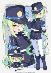 1girl ankle_boots black_boots black_shirt black_shorts blue_archive blue_background boots buttons chibi commentary demon_tail double-breasted english_text feet_out_of_frame full_body gloves green_hair halo hat highres laughing long_hair looking_at_viewer multiple_girls nozomi_(blue_archive) open_mouth pantyhose pantyhose_under_shorts peaked_cap pointy_ears saebashi shirt shorts simple_background smile sparkle tail train_conductor twintails very_long_hair white_background white_gloves white_pantyhose yellow_eyes