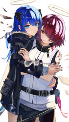 2girls absurdres arknights belt black_belt black_horns black_pantyhose blue_eyes blue_hair blush closed_mouth commentary cowboy_shot crossed_arms exusiai_(arknights) hair_over_one_eye halo highres horns hug long_hair long_sleeves mostima_(arknights) multiple_girls one_eye_covered orange_eyes pantyhose pink_hair short_hair simple_background standing takiren traditional_halo white_background yellow_halo yuri