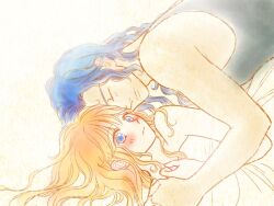 1boy 1girl arm_around_chest azu_rin_go bare_shoulders bed_sheet black_tank_top blue_eyes blush bokujou_monogatari bokujou_monogatari:_mittsu_no_sato_no_taisetsuna_tomodachi closed_eyes closed_mouth curly_hair curtained_hair dark-skinned_male dark_skin hair_between_eyes hair_down hand_on_own_chest heads_together hetero long_hair looking_at_viewer ludus_(bokujou_monogatari) lying nanami_(bokujou_monogatari) on_back on_side sidelocks sleeping tank_top yellow_background