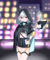 1girl ars_almal ars_almal_(10th_costume) belly blurry blurry_background blush blush_stickers city city_lights cityscape coat commission hand_on_own_hip highres hood hoodie knee_up knees_up looking_at_viewer navel nijisanji outdoors pants rooftop shorts solo standing virtual_youtuber