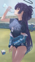 1girl absurdres black_shirt blue_archive blue_jacket blush bottle breasts cowboy_shot drone hair_ornament halo highres holding holding_bottle id_card jacket lanyard long_hair long_sleeves mechanical_halo medium_breasts nekoplanetouo official_alternate_costume official_alternate_hairstyle purple_eyes purple_hair shirt short_sleeves solo star_(symbol) star_hair_ornament water_bottle yuuka_(blue_archive) yuuka_(track)_(blue_archive)
