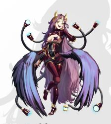 1girl black_wings breastless_clothes breasts cross cross-shaped_pupils cross_facial_mark cross_pasties facial_mark forehead_mark highres horns low_wings mahou_shoujo_ni_akogarete makotogab mature_female open_mouth original pasties purple_hair purple_pasties purple_shrug small_breasts solo symbol-shaped_pupils teeth upper_teeth_only wings yellow_eyes yellow_horns