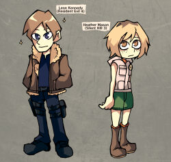 1boy 1girl blonde_hair blue_eyes curtained_hair heather_mason jacket leon_s._kennedy looking_at_viewer resident_evil resident_evil_4 resident_evil_4_(remake) setz short_hair silent_hill_(series) silent_hill_3 skirt vest