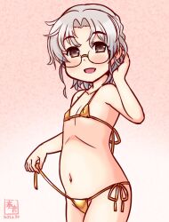 1girl artist_logo bikini brown_eyes closed_eyes covered_erect_nipples cowboy_shot dated glasses gold_bikini gradient_background grey_hair hirato_(kancolle) kanon_(kurogane_knights) kantai_collection logo micro_bikini navel one-hour_drawing_challenge open_clothes pink_background short_hair side-tie_bikini_bottom solo standing swimsuit untied_bikini