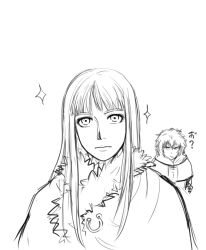 2boys ? androgynous canute eyelashes frown fur_trim hood japanese_text long_hair looking_at_another looking_at_viewer male_focus messy_hair monochrome multiple_boys prince sidelocks simple_background sparkle thorfinn viking vinland_saga