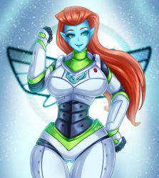 1girl artist_name bad_anatomy blue_eyes blue_lips blue_skin breasts buzz_lightyear_of_star_command clenched_hand colored_skin fenrox gluteal_fold hand_on_own_hip highres long_hand medium_breasts mira_nova pointy_ears red_hair simple_background solo spacesuit standing thigh_gap toy_story