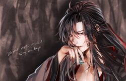 Rule 34 | 1boy, ahoge, alcohol, bishounen, black eyes, black hair, black hanfu, cave, chest tattoo, chinese clothes, coat, collarbone, cup, english text, eyelashes, grey coat, hair down, hair ribbon, half updo, hand on own chin, hand up, hanfu, holding, holding cup, long hair, looking at viewer, looking down, male focus, mg ms dayo, modao zushi, official alternate costume, official alternate hairstyle, parted lips, pectoral cleavage, pectorals, red ribbon, ribbon, sakazuki, solo, tattoo, twitter username, upper body, wei wuxian, wei wuxian (yiling laozu), wide sleeves