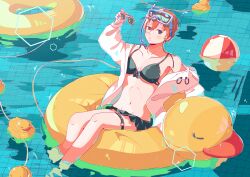 1girl :o absurdres ball beachball bikini black_bikini black_bow black_eyes blush bow bow_bikini breasts breasts_apart bright_pupils coat collarbone commentary commentary_request day double-parted_bangs english_commentary full_body hair_between_eyes hand_up hexagon highres holding holding_removed_eyewear innertube large_breasts long_bangs looking_at_viewer mixed-language_commentary nail_polish navel o-ring on_innertube open_clothes open_coat orange_hair original outdoors parted_lips pink_nails pool refraction rubber_duck short_hair sidelocks snorkel snorkel_mask solo sparkle stomach sunglasses sunlight swim_ring swimsuit thigh_strap unworn_eyewear white_coat white_pupils yasi_irasuto