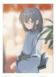 Rule 34 | 1girl, blue eyes, blue hair, blue kimono, blue sash, blurry, blurry background, blush, border, chinese commentary, closed mouth, commentary request, corrupted twitter file, floral print, haidao mao, hair between eyes, japanese clothes, kimono, long sleeves, looking at viewer, miyagi shiori, obi, sash, shuuniichido classmate wo kau hanashi, solo, sweatdrop, white border