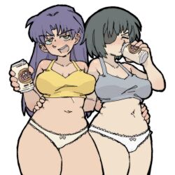 2girls beer_can black_hair blush bow bow_panties breasts brown_eyes camisole can chainsaw_man crop_top crossover drink_can drinking drunk eyepatch female_focus frilled_panties frills grey_camisole himeno_(chainsaw_man) holding holding_can katsuragi_misato large_breasts long_hair medium_hair multiple_girls navel neon_genesis_evangelion panties pantsu-ripper purple_hair thick_thighs thighs trait_connection underwear white_panties yellow_camisole