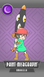 1girl adeleine black_hair blush_stickers brown_shoes closed_umbrella crossover full_body hat highres holding holding_umbrella hungern_(skullgirls) kirby_(series) kirby_64 nintendo raincoat red_eyes red_hat shoes skullgirls solo standing tristepinguino umbrella umbrella_(skullgirls)
