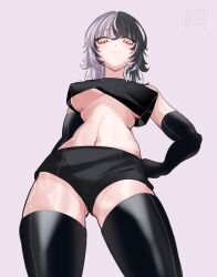 1girl alternate_costume black_gloves black_hair black_thighhighs breasts closed_mouth crop_top elbow_gloves from_below gloves grey_background highres hololive hololive_english large_breasts long_hair micro_shorts multicolored_hair navel rosuart shiori_novella shorts solo split-color_hair thighhighs two-tone_hair virtual_youtuber yellow_eyes