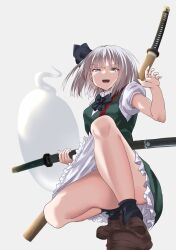 1girl absurdres black_bow black_bowtie black_hairband black_socks bow bowtie green_skirt green_vest grey_hair hairband highres hitodama hitodama_print katana konpaku_youmu konpaku_youmu_(ghost) loafers scabbard sheath shoes short_hair simple_background skirt skirt_set socks solo sword touhou vest wakizashi weapon white_background yuri_kowashi_(tetsukabuto_nuranura)