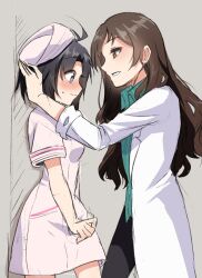 2girls antenna_hair averting_eyes benidzuki_p black_hair blush brown_eyes brown_hair collared_shirt doctor hat highres idolmaster idolmaster_million_live! idolmaster_million_live!_theater_days kabedon kikuchi_makoto kitazawa_shiho looking_at_another multiple_girls nurse nurse_cap parted_bangs purple_eyes shirt sidelocks yuri