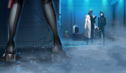 1girl 2boys ^_^ armchair black_footwear black_gloves black_hair black_jacket black_pants black_shirt boots capitano_(genshin_impact) chair closed_eyes closed_mouth coat coat_on_shoulders commentary crack cracked_wall english_commentary genshin_impact glasses gloves hair_between_eyes hand_in_pocket hand_up helm helmet high_heel_boots high_heels holding holding_tablet_pc hoyofair indoors jacket lapels long_hair long_sleeves mavuika_(genshin_impact) medium_hair multiple_boys onegingek open_clothes open_jacket pantalone_(genshin_impact) pants parted_bangs picture_frame rock security_camera semi-rimless_eyewear shirt shoes smile smoke standing table tablet_pc turtleneck under-rim_eyewear white_coat