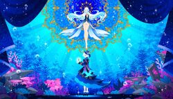 2girls air_bubble arm_up bare_legs barefoot black_shoes blue_dress blue_eyes blue_hair blue_hat blue_jacket blue_theme bubble clothing_cutout coral crown curtains dress facing_away ffluvy floating floating_hair floating_object full_body furina_(genshin_impact) gem genshin_impact hat high_heels highres jacket juliet_sleeves long_hair long_sleeves multicolored_hair multiple_girls puffy_sleeves rock seaweed shoes short_hair sparkle standing submerged top_hat two-sided_fabric underwater very_long_hair white_hair wide_shot