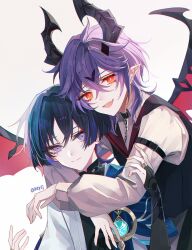 2boys anemo_symbol_(genshin_impact) arm_belt armor arms_around_neck belt belt_buckle bent_over black_belt black_bodysuit black_bridal_gauntlets black_hair black_horns black_vest blue_cape blue_gemstone blue_sleeves blunt_ends bodysuit bridal_gauntlets bright_pupils buckle cape closed_mouth crossed_bangs dragon_horns dragon_wings durin_(genshin_impact) eyelashes eyeliner eyeshadow facial_mark fang forehead_mark gem genshin_impact gold_ring hand_on_another&#039;s_arm heads_together highres horns hug hug_from_behind humanization japanese_armor japanese_clothes kimono kote kurokote layered_sleeves leaning_on_person long_sleeves looking_at_viewer makeup mandarin_collar middle_ring mini_durin_(genshin_impact) multiple_boys neyti_(neytirv) open_clothes open_hand open_kimono open_mouth orange_eyes purple_eyes purple_hair red_eyeliner red_eyeshadow red_wings scaramouche_(genshin_impact) short_sleeves skin_fang slit_pupils smile spiked_wings split_mouth spoilers twitter_username vest vision_(genshin_impact) wanderer_(genshin_impact) white_background white_kimono white_pupils white_sleeves white_trim wings wispy_bangs