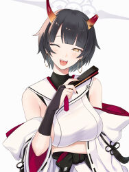 1girl black_hair blue_archive breasts bridal_gauntlets bright_pupils broken_horn detached_sleeves earrings folded_fan folding_fan gradient_horns halo hand_fan highres holding holding_fan hoop_earrings horns japanese_clothes jewelry kimono large_breasts mole mole_under_eye multicolored_horns naano_(sakikou) niya_(blue_archive) one_eye_closed open_mouth orange_horns short_hair sideboob sideless_kimono single_bridal_gauntlet solo unusually_open_eyes white_halo white_kimono wide_sleeves