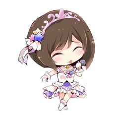 1girl ^_^ bead_choker beads bob_cut boots brooch brown_hair chibi closed_eyes commentary_request crossed_legs dress frilled_dress frilled_gloves frilled_skirt frills gloves hair_ornament hair_ribbon holding holding_microphone idolmaster idolmaster_cinderella_girls jewelry lowres maekawa_miku medium_dress medium_skirt microphone pink_tiara plaid_clothes plaid_skirt purple_ribbon purple_skirt rainbow_print raised_inner_eyebrows ribbon short_hair short_sleeves simple_background skirt skirt_under_dress solo sparkle standing star_(symbol) star_brooch star_hair_ornament usoneko white_background white_boots white_dress white_gloves wrist_ribbon