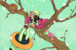 1girl :d bad_id bad_pixiv_id bare_tree black_hair boots coat dawn_(pokemon) flower gen_2_pokemon gen_4_pokemon hair_ornament hat in_tree legendary_pokemon long_hair long_sleeves nintendo open_mouth pink_boots pink_coat pink_flower pokemon pokemon_(creature) pokemon_dppt pokemon_platinum regigigas scarf smile snow snowing swinub tanbo-san tree white_hat white_scarf