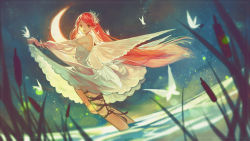 1girl black_ribbon blue_dress breasts detached_sleeves dress fairy female_focus floating_hair green_eyes hair_ornament leg_ribbon long_hair medium_breasts moon night original outdoors parted_lips pointy_ears red_hair ribbon senryoko sideboob skirt_hold sleeveless sleeveless_dress smile soaking_feet solo standing thigh_ribbon very_long_hair wading white_wings wings