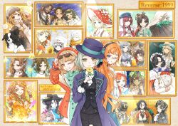 3girls adjusting_eyewear anniversary aqua_dress argus_(reverse:1999) ascot avgust_(reverse:1999) barbara_(reverse:1999) barcarola_(reverse:1999) behind_another black_hairband black_hat black_pants black_vest blue_bow blue_dress boater_hat bow brown_hair capelet coat copyright_name cowboy_shot dress eyewear_on_head ezra_theodore fatutu flower flutterpage getian_(reverse:1999) grey_eyes grey_hair grin hair_bun hairband hand_on_eyewear hand_up hat hat_bow highres holding holding_flower j_(reverse:1999) jacket jessica_(reverse:1999) jiu_niangzi kaalaa_baunaa kanjira liang_yue_(reverse:1999) loggerhead_(reverse:1999) long_hair looking_at_viewer melania_(reverse:1999) mercuria_(reverse:1999) multiple_girls noire_(reverse:1999) official_alternate_costume one_eye_closed onikura_minori_(artist) orange_hair painting_(object) pants pickles_(reverse:1999) picture_frame pioneer_(reverse:1999) purple_coat red_jacket regulus_(reverse:1999) reverse:1999 shamane shirt short_hair single_side_bun smile sonetto_(emotion_in_tranquility)_(reverse:1999) sonetto_(reverse:1999) spathodea_(reverse:1999) sunglasses tooth_fairy_(reverse:1999) tuesday_(reverse:1999) ulu_(reverse:1999) vertin_(reverse:1999) vest vila_(reverse:1999) waistcoat white_ascot white_capelet white_shirt willow_(reverse:1999) windsong_(reverse:1999) yellow_flower yenisei_(reverse:1999)