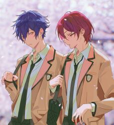 Rule 34 | 2boys, bag, bishounen, black bag, black necktie, black pants, black trim, blurry, blurry background, brown jacket, can, cowboy shot, day, ensemble stars!, falling petals, hair between eyes, holding, holding can, holding strap, jacket, lapels, looking at another, male focus, multiple boys, necktie, open clothes, open jacket, outdoors, pants, petals, saegusa ibara, sarara rarara, sazanami jun, school uniform, short hair, shoulder-to-shoulder, shoulder bag